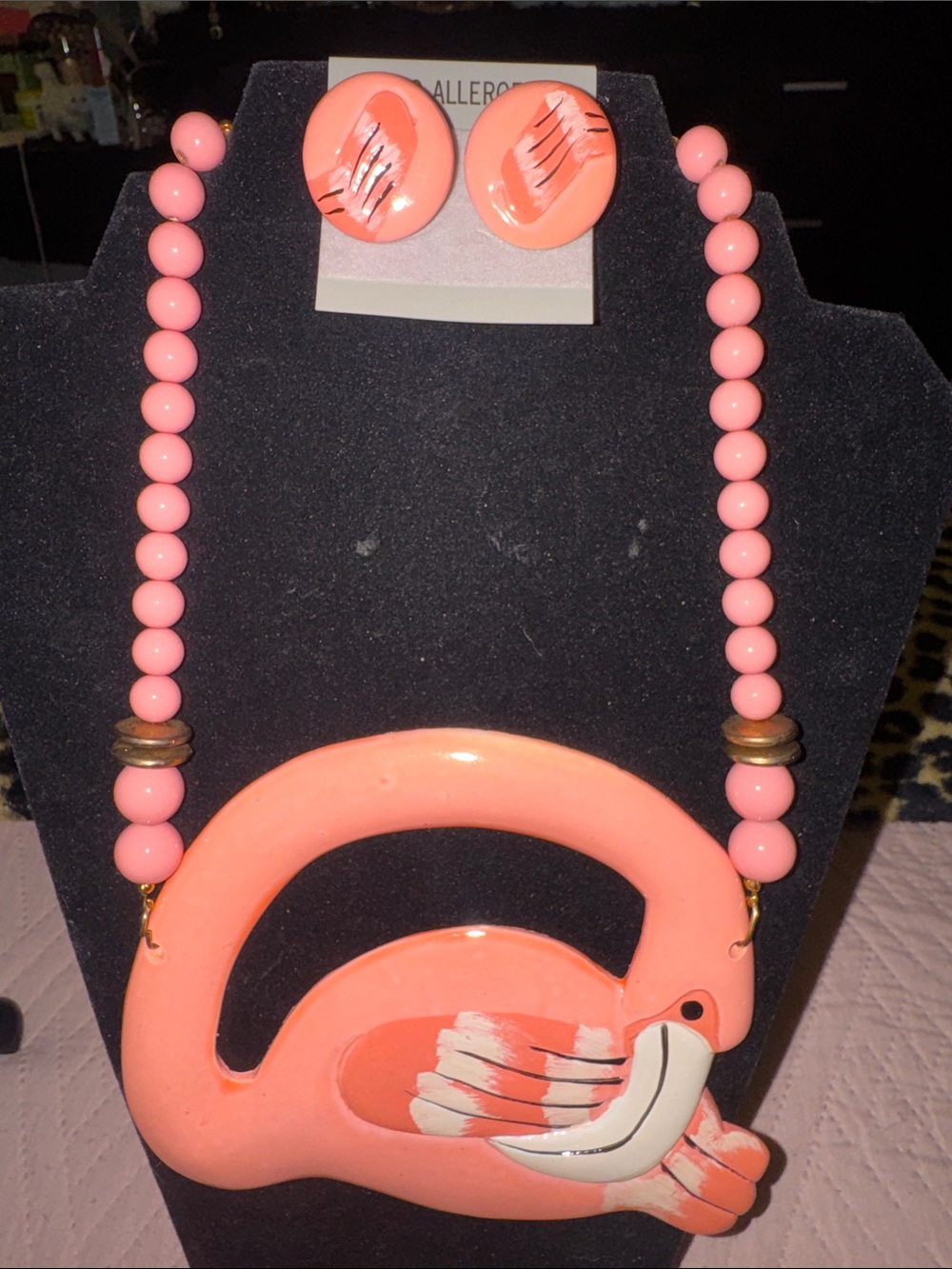 Vintage Pink Flamingo Necklace & Clip Earrings Set